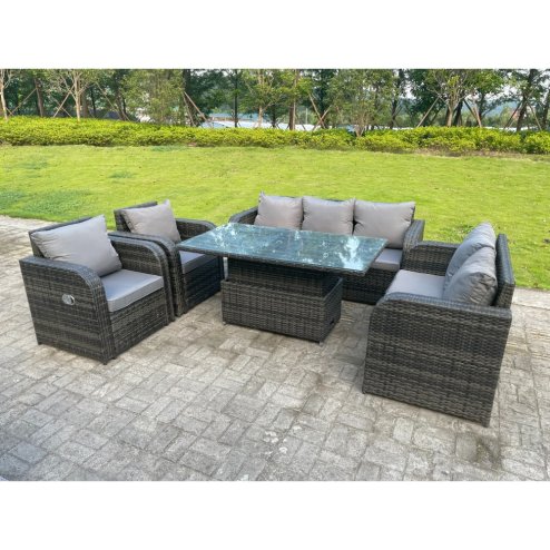 Fimous Dark Mixed Grey Rattan Outdoor Garden Furniture Lifting Adjustable Dining Or Coffee Table Sets Love Seat 2 Seater Sofa 3 Seater Sofa Reclining Chairs 7 Seater