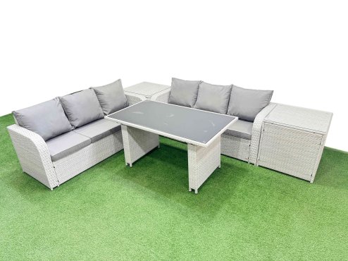 Fimous 6 Seater Rattan Outdoor Dining Table 3 Seater Sofa Set with 2 Side Tables Light Grey