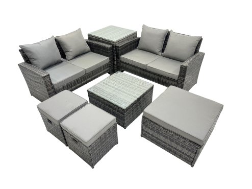 Fimous PE Rattan Garden Furniture Set Lounge Double Seat Sofa Coffee Table Set with Side Table 3 Stools Dark Grey Mixed