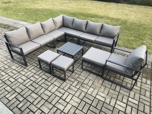 Fimous Aluminium Outdoor Garden Furniture Set Lounge Corner Sofa Square Coffee Table Chair Sets with 3 Footstools Dark Grey