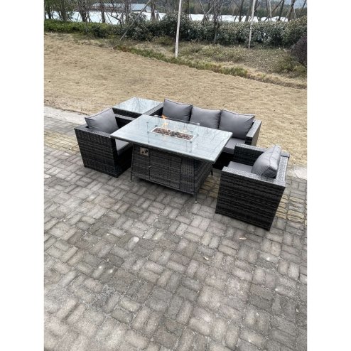 Fimous Outdoor PE Rattan Garden Furniture Gas Fire Pit Dining Table Armchairs With Side Coffee Table Dark Grey Mixed