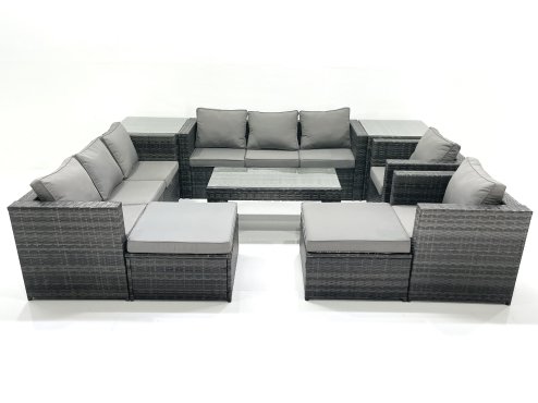 Fimous Rattan Garden Furniture Sofa Set with Coffee table Armchair 2 Side Tables 2 Big Footstools Dark Grey Mixed