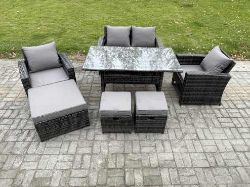 Fimous 7 Seater PE Wicker Outdoor Garden Furniture Set Patio Furniture Rattan Rectangular Dining Table Lounge Sofa with 3 Footstools