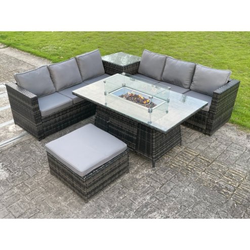 Fimous Outdoor PE Rattan Garden Corner Furniture Gas Fire Pit Table Sets Gas Heater Lounge Big Footstool Dark Grey 7 Seater
