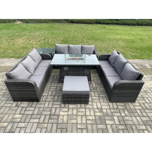 Fimous Rattan Furniture Garden Dining Set Gas Fire Pit Table With Side Table 3 Seater Sofa Footstool Dark Grey Mixed