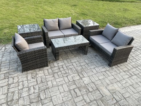Fimous 6pcs Rattan Outdoor Garden Furniture Sofa Set with Coffee Table 2 Side Tables Dark Grey Mixed