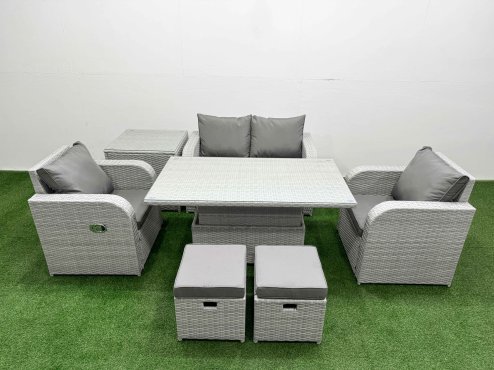 Fimous Light Grey PE Wicker Rattan Garden Furniture Set Sofa Set Reclining Chair Adjustable Lifting Dining or Coffee Table 6 Seater 2 Small Stools Side Table
