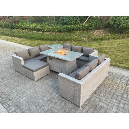 Fimous Light Grey U Shape Lounge Sofa Dining Set With Gas Heater Firepit Burner With Extra Side Coffee Tea Table Big Footstool