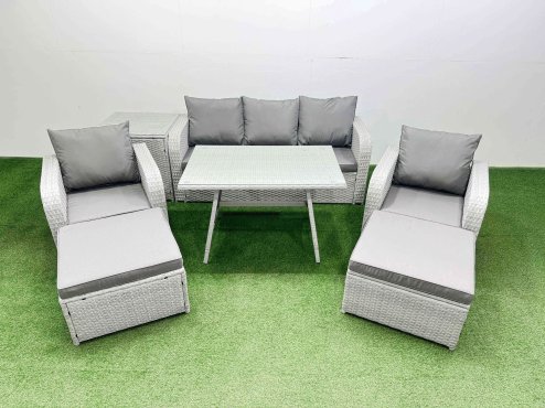 Fimous Reclining Chair 3 Seat Sofa Set Garden Furniture Set with Rectangular Dining Table Side Table 2 Big Footstools Light Grey