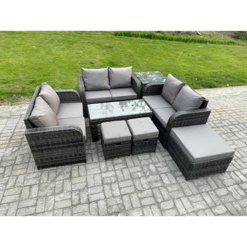 Fimous Outdoor Garden Furniture Sets 8 Pieces Wicker Rattan Furniture Sofa Sets with Rectangular Coffee Table Love seat Sofa 3 Footstools Side Table