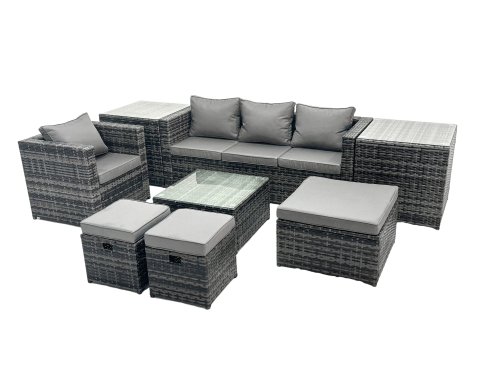 Fimous Outdoor Rattan Garden Furniture Set 7 Seater Patio Lounge Sofa Set with Armchair Square Coffee Table 2 Side Tables 3 Footstools Dark Grey Mixed