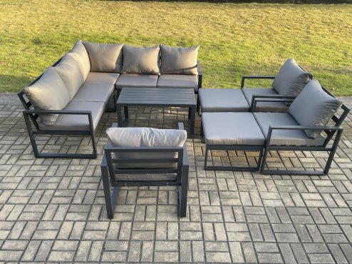 Fimous 10 Seater Aluminium Outdoor Garden Furniture Set Patio Lounge Sofa with Oblong Coffee Table Chair 2 Big Footstools Dark Grey
