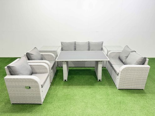 Fimous 7 Seater Garden Furniture Set PE Ratten Garden Sofa Set with Rectangular Dining Table 2 Side Tables Light Grey