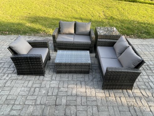 Fimous Wicker Rattan Garden Furniture Sofa Set with Rectangular Coffee Table Double Seat Sofa Chair Side Table 5 Seater Outdoor Rattan Set Dark Grey Mixed