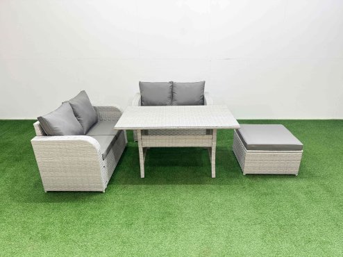 Fimous 5 Seater Outdoor Love Sofa Set Rattan Garden Furniture Set with Rectangular Dining Table Big Footstool Light Grey