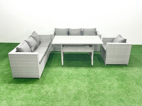 Fimous 4 Pieces Outdoor Rattan Sofa Set with Cushions Patio Garden Furniture Sets with Armchair Dining Table Light Grey Mixed