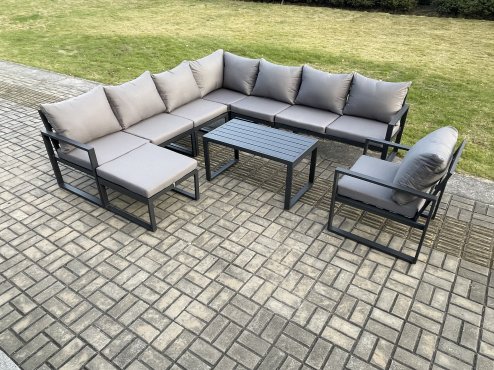 Fimous Aluminium Patio Outdoor Garden Furniture Lounge Corner Sofa Set with Oblong Coffee Table Big Footstool Chair Dark Grey