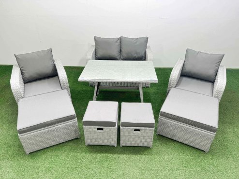 Fimous Rattan Garden Furniture Dining Set 8-seater Patio Rectangular Table Sofa Set with 4 Stools Light Grey