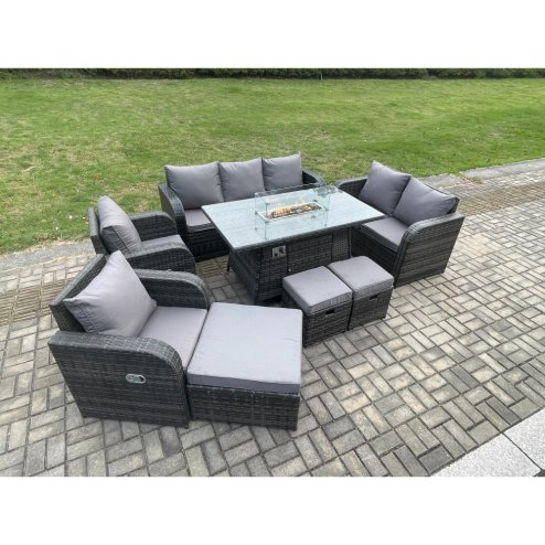 Fimous 10 Seater PE Wicker Outdoor Rattan Garden Furniture Set Propane Gas Fire Pit Table and Sofa Chair set with 3 Footstools