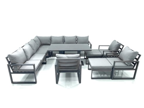 Fimous 12 Seater Outdoor Aluminum Garden Furniture Set Corner Sofa 3 Chair 2 Big Footstools Adjustable Rising Lifting Dining Table Sets Dark Grey