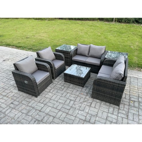 Fimous 6 Seater Rattan Sofa Set Outdoor Garden Furniture Set with Square Coffee Table Loveseat Sofa Reclining Chairs 2 Side Tables Dark Grey Mixed