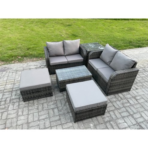 Fimous 6 Seater Garden Furniture Set Rattan Outdoor Lounge Sofa Chair With Tempered Glass Table 32 Big Footstools Side Table Dark Grey Mixed