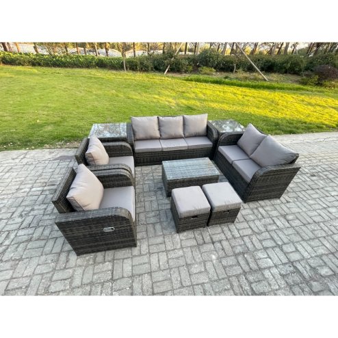 Fimous Patio Garden Furniture Sets Wicker 9 Seater Outdoor Rattan Furniture Sofa Sets with Rectangular Coffee Table Reclining Chair Loveseat Sofa 2 Side Tables 2 Small Footstools