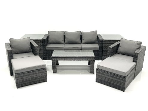 Fimous 7 Seater Rattan Garden Furniture Set Outdoor Lounger Sofa with Coffee Table 2 Armchair 2 Big Footstools 2 Side Tables Dark Grey Mixed