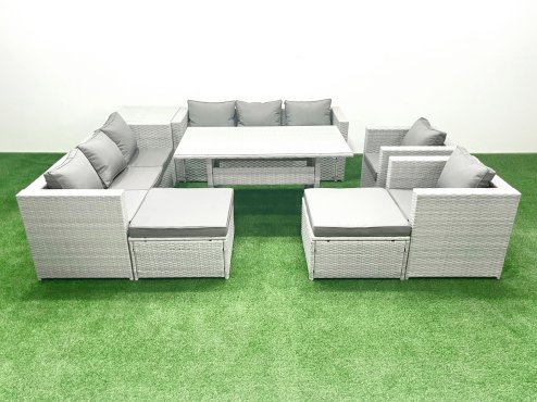 Fimous Rattan Garden Furniture Set Outdoor 8 Seater Patio Dinin g Sofa Sets with Dining Table 2 Chairs Side Table 2 Big Footstools Light Grey Mixed