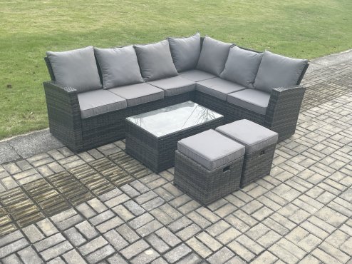 Fimous Wicker PE Outdoor Garden Furniture Set High Back Rattan Corner Sofa Set with Rectangular Coffee Table 2 Small Footstools