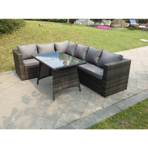 Fimous 6 Seater Grey Rattan Corner Sofa Set Dining Table Foot Rest Garden Furniture Outdoor