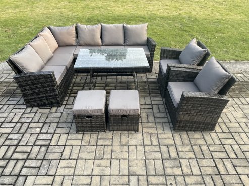 Fimous High Back Outdoor Garden Furniture Set Rattan Corner Sofa Dining Table Set With Armchairs 2 Small Footstools 10 Seater Dark Grey Mixed Left Corner