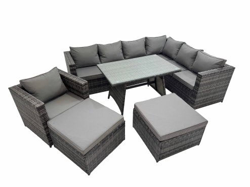 Fimous Rattan garden furniture Patio Furniture Sets with Dining Table Chair 2 Big Stools Dark Grey Mixed