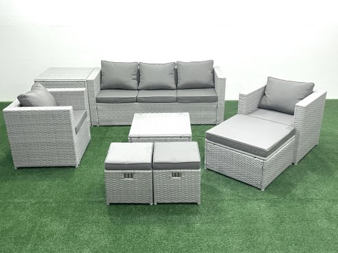 Fimous Rattan Garden Outdoor Furniture Sofa Set with Square Coffee Table 2 Chairs 3 Footstools Side Table Light Grey Mixed