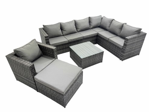 Fimous Outdoor PE Rattan Garden Furniture Sofa Set with Square Coffee Table Chair Big Stool Dark Grey