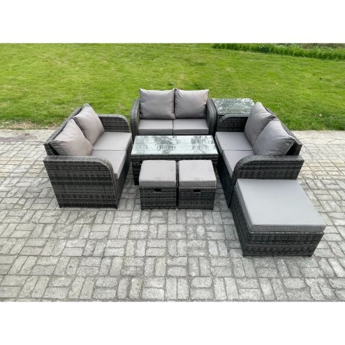 Fimous Outdoor Garden Furniture Sets 8 Pieces Wicker Rattan Furniture Sofa Sets with Rectangular Coffee Table Love seat Sofa 3 Footstools Side Table