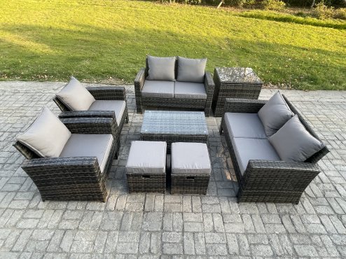 Fimous Garden Furniture Sets 8 Pieces Outdoor Rattan Furniture Manual Wicker Patio Sofa Chair Set with Coffee Table Side Table 2 Small Footstools Dark Grey Mixed