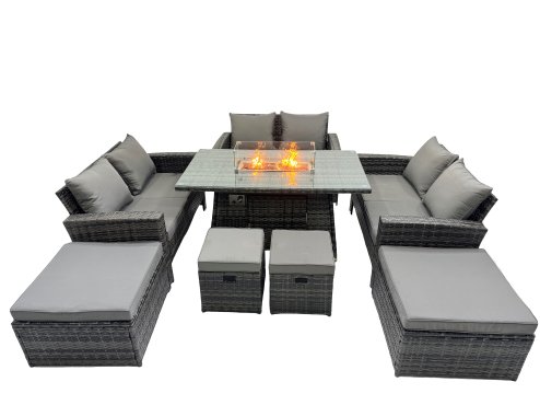 Fimous Outdoor Love Sofa Set 10 Seat Rattan Garden Furniture Set with Gas Firpit Dining Table 4 Footstools Dark Grey Mixed