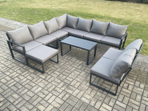 Fimous Aluminium 10 Seater Patio Outdoor Garden Furniture Lounge Corner Sofa Set with Oblong Coffee Table with Big Footstool Dark Grey