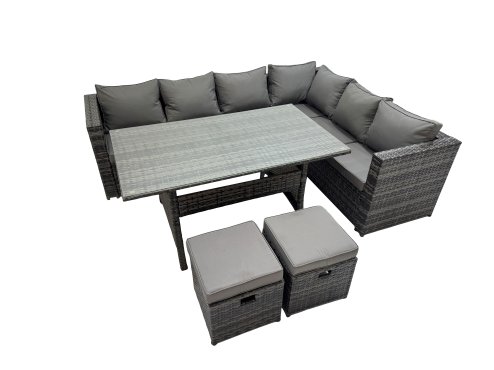 Fimous Rattan Garden Furniture Set Outdoor 8 Seater Patio Dining Corner Sofa Sets with Dining Table 2 Small Footstools Dark Grey Mixed