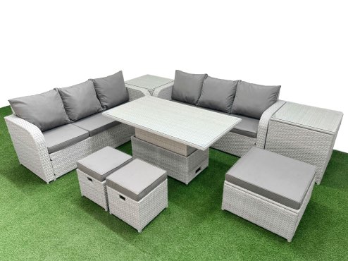 Fimous Outdoor Garden Furniture Sets 9 Seater Wicker Rattan Furniture Sofa Sets with Adjustable Lifting Dining or Coffee Table high Back Lounge Sofa 3 Stools 2 Side Table Light Grey