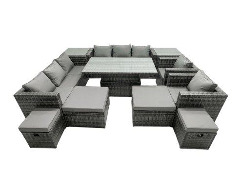 Fimous Rattan Dining Table Sofa Set with 2 Side Tables 2 Armchair 4 Stools Outdoor 12 Seat Garden Furniture Set Dark Grey Mixed