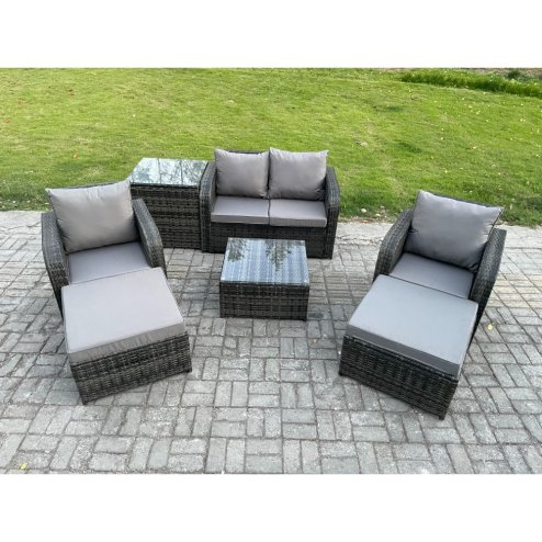 Fimous Rattan Garden Furniture Set Patio Conservatory Indoor Outdoor 6 Seater Set with Love Sofa Square Coffee Table 2 Big Footstool Side Table