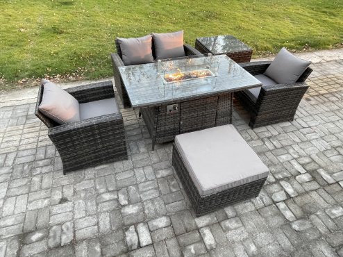 Fimous 5 Seater?Outdoor Rattan Sofa Set Garden Furniture Gas Firepit Dining Table Heater with Big Footstool Side Table Dark Grey Mixed