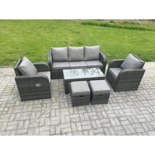Fimous 7 Seater Outdoor Garden Furniture Sets Wicker Rattan Furniture Sofa Sets with Rectangular Coffee Table Reclining Chair 3 Seater Sofa