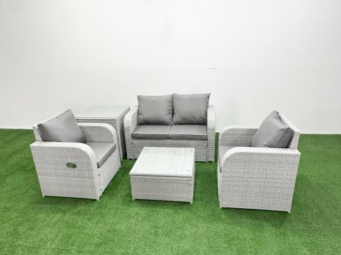 Fimous Light Grey PE Wicker Rattan Garden Furniture Set Sofa Set Reclining Adjustable Chair Square Coffee Table 4 Seater With Side Table