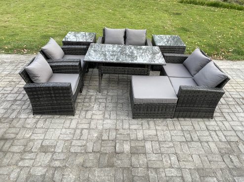 Fimous Rattan Garden Furniture Set Patio Outdoor Lounge Sofa Set with Oblong Dining Table Double Seat Sofa 2 Side Tables Big Footstool Dark Grey Mixed