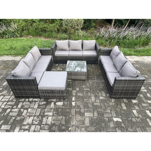 Fimous Outdoor Rattan Garden Furniture Set 10 Seater Patio Lounge Sofa Set with Square Coffee Table Big Footstool Dark Grey Mixed