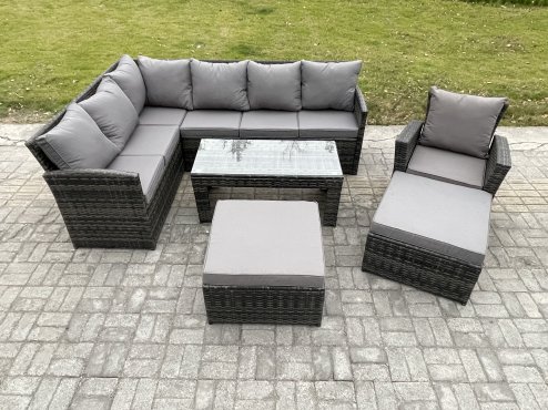 Fimous Rattan Garden Furniture Sets High Back Corner Sofa Oblong Coffee Table Set with 2 Big Footstool Armchair Dark Grey Mixed