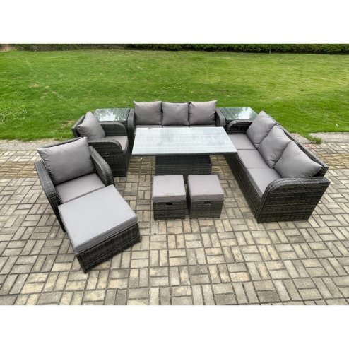 Fimous 11 Seater Rattan Outdoor Garden Furniture Sets Height Adjustable Rising lifting DiningTable Sofa Set with Reclining Chair 2 Side Tables 3 Footstools Dark Grey Mixed